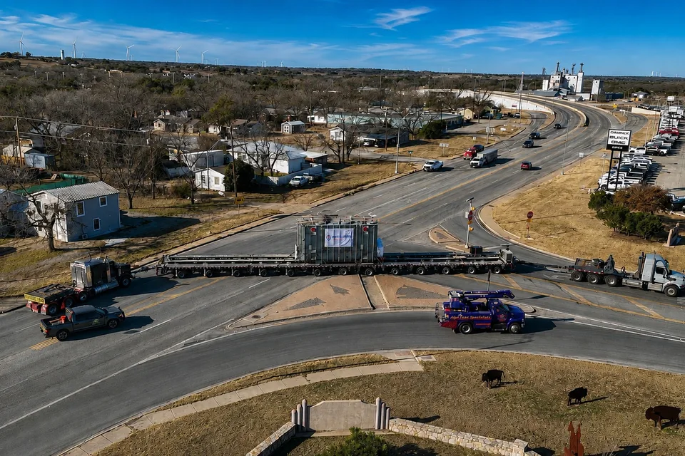 Aerial view of a heavy-haul load navigating an intersection with support vehicles