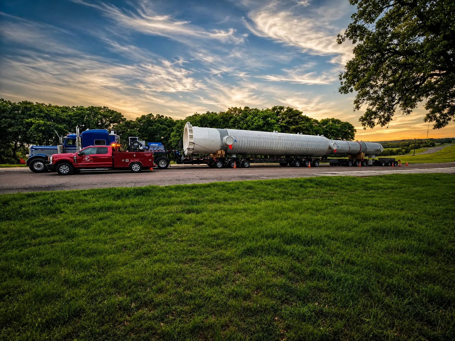 Long white vessel on a multi-axle trailer pulled by a blue Peterbilt, with a red escort pickup in front