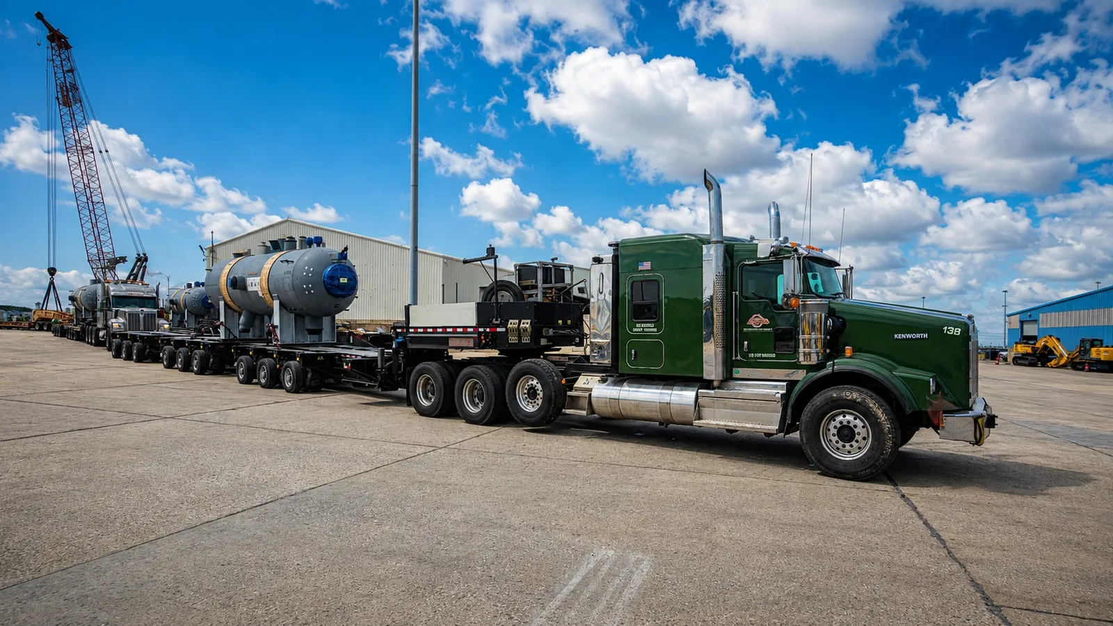 Green Kenworth truck pulling grey tanks on multi-axle trailers in a port yard